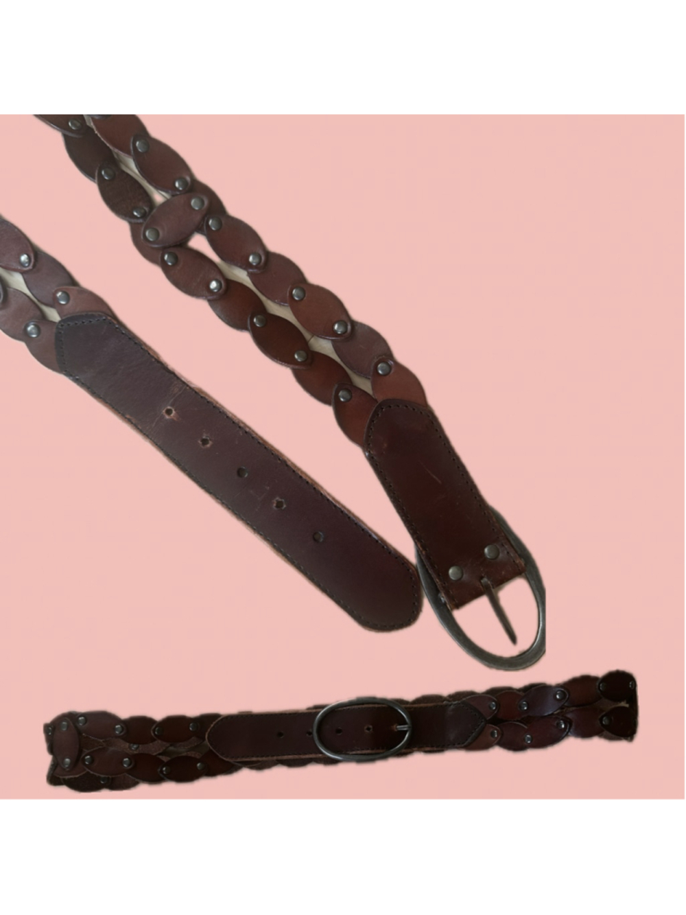 Vintage Y2K Brown Leather Braided Studded Boho Belt Size G/L